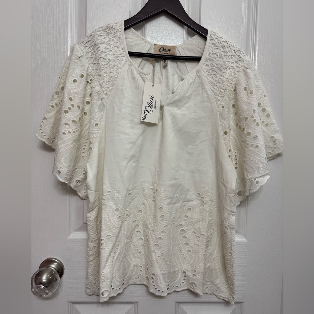 Ollari New York White Eyelet Boho Blouse | Smocked Cotton Top | Size L | NWT